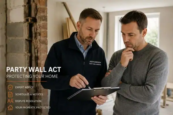 Party wall surveyor Ringwood discussing extension plans with homeowner outside a UK semi-detached house.